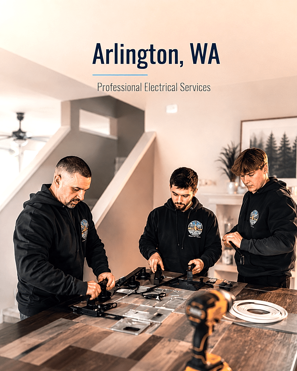 electrician-arlington-wa-professional-electrical-services Three electricians working together on electrical components inside a home in Arlington, WA.