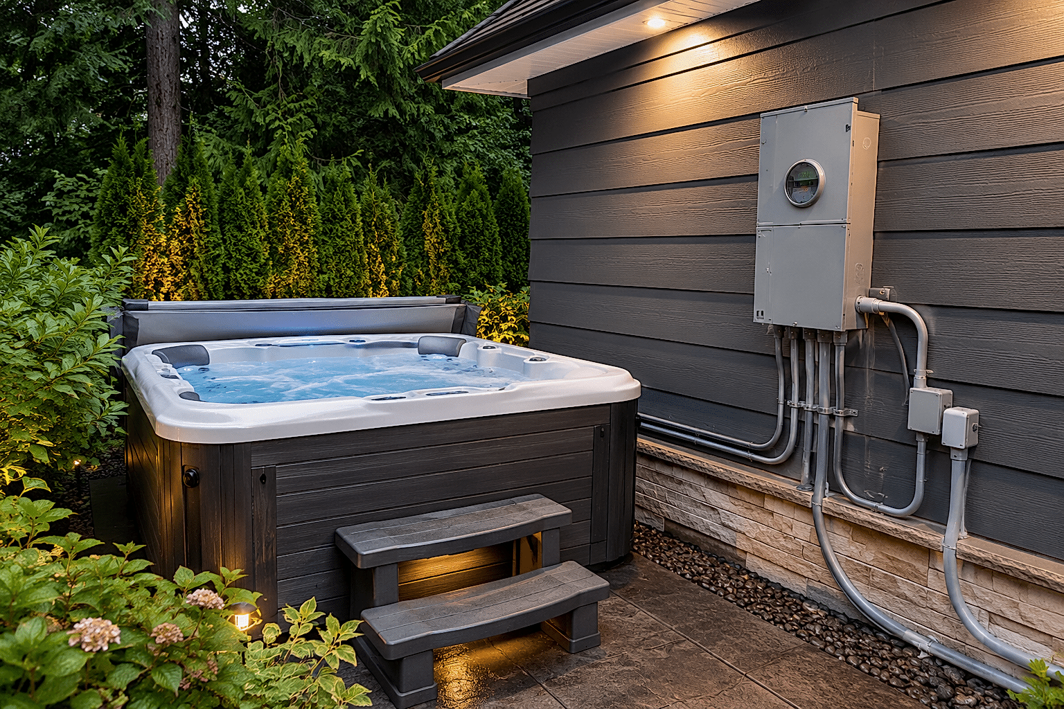 hot-tub-installation-electrical-wiring-skagit-county-wa Hot tub installation with code-compliant electrical wiring by a licensed electrician in Skagit County, WA.