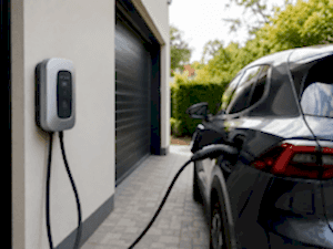 Residential EV charger installed beside a home and charging an electric vehicle in Arlington, WA.